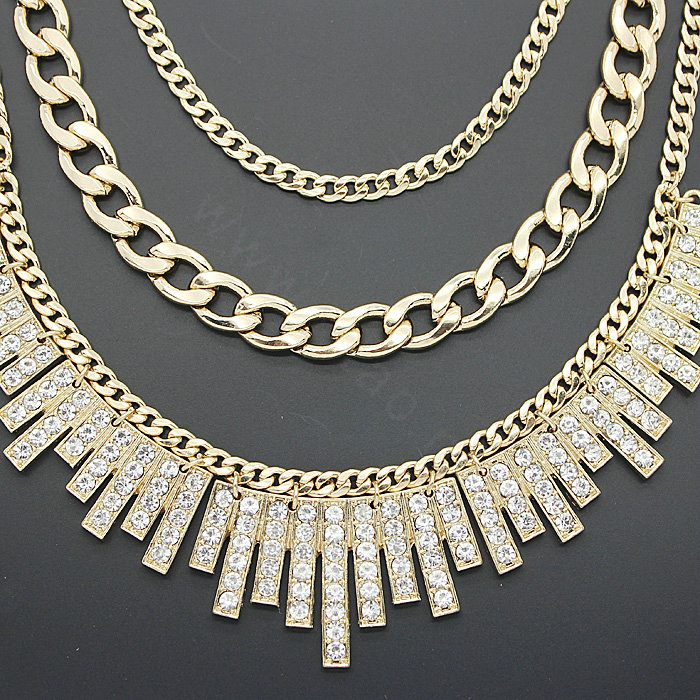 New Women Gold-plated Exaggeration Unique Crystal Diamond Multi layer Metal Bib Necklace Clavicle Chain