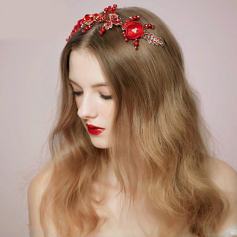 Retro Bridal Wedding Alloy Red Pearl Flower Rhinestone Crystal Bead Bride Headband Hair Accessories