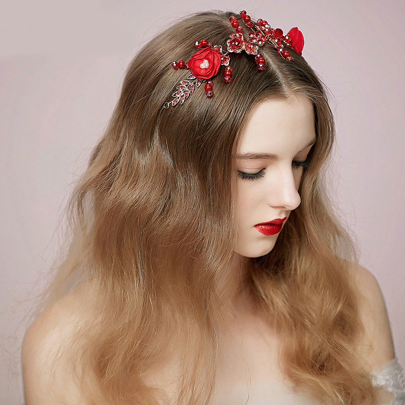 Retro Bridal Wedding Alloy Red Pearl Flower Rhinestone Crystal Bead Bride Headband Hair Accessories