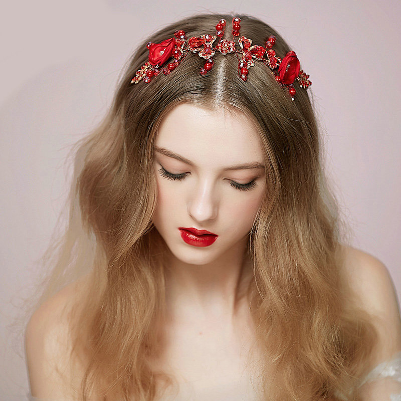 Retro Bridal Wedding Alloy Red Pearl Flower Rhinestone Crystal Bead Bride Headband Hair Accessories