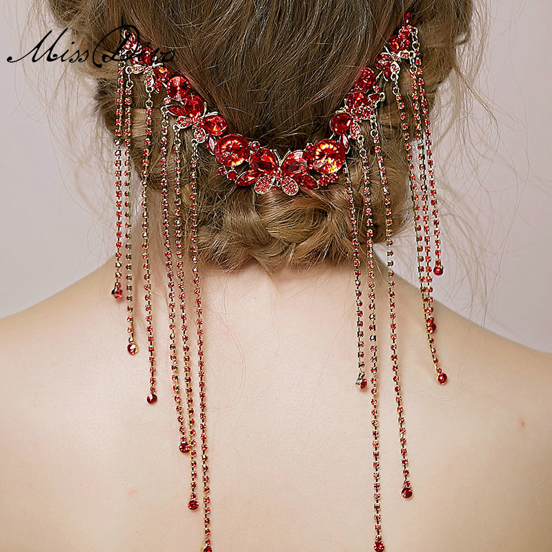 Retro Bridal Wedding Butterfly Rhinestone Crystal Tassel Bride Headband Hair Accessories