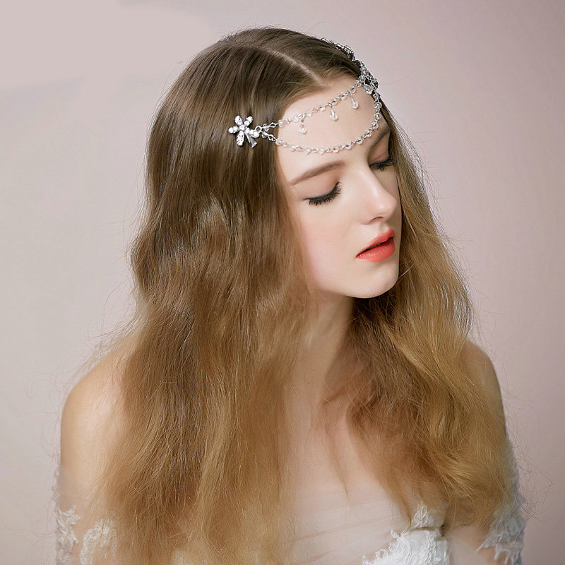 Retro Bridal Wedding Flower Rhinestone Crystal Bead Tassel Bride Headband Hair Clip Accessories