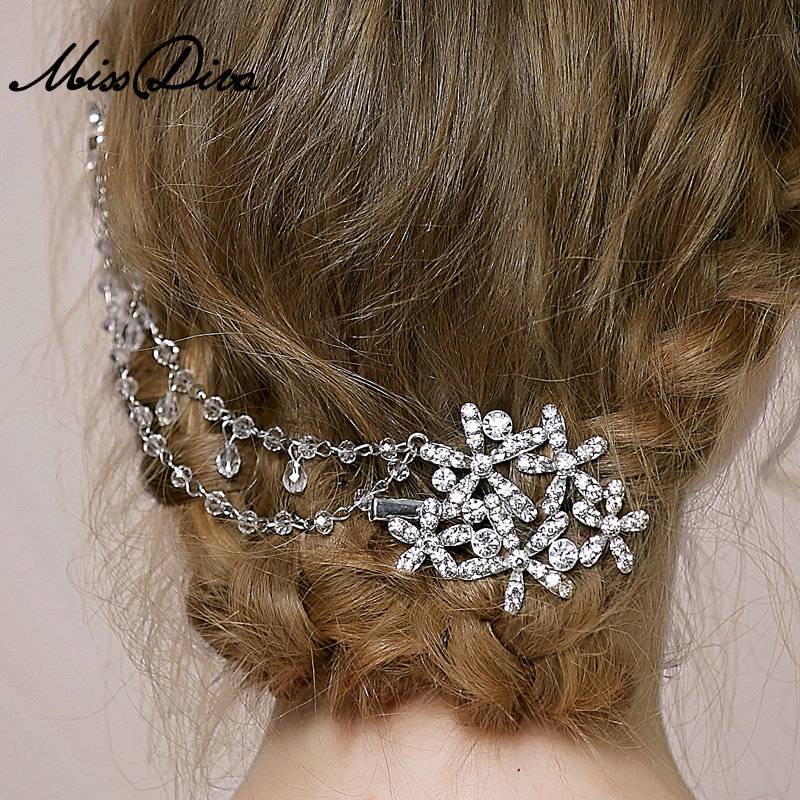 Retro Bridal Wedding Flower Rhinestone Crystal Bead Tassel Bride Headband Hair Clip Accessories