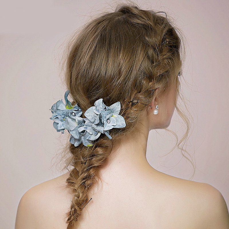 Retro Bridal Wedding Forest girl Blue Cloth Floral Rhinestone Crystal Bride Headband Hair Clip Accessories