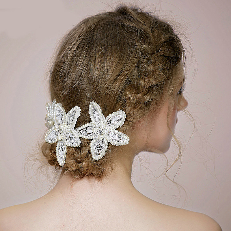 Retro Bridal Wedding Lace Pearl Bead Flower Rhinestone Crystal Bride Headband Hair Accessories