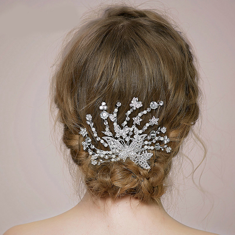 Retro Bridal Wedding Pearl Butterfly Rhinestone Crystal Bead Bride Headband Hair Clip Accessories