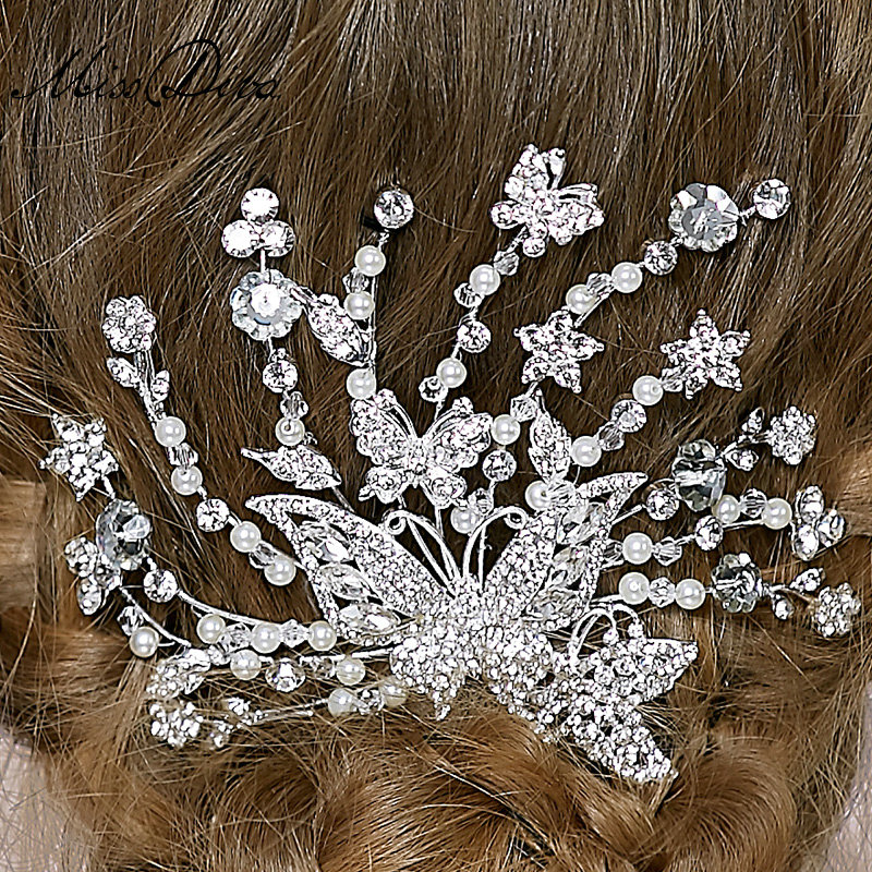 Retro Bridal Wedding Pearl Butterfly Rhinestone Crystal Bead Bride Headband Hair Clip Accessories