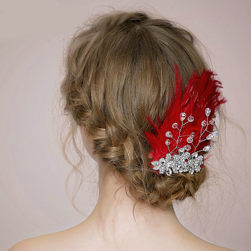 Retro Bridal Wedding Red Feather Rhinestone Crystal Bead Bride Headband Hair Clip Accessories