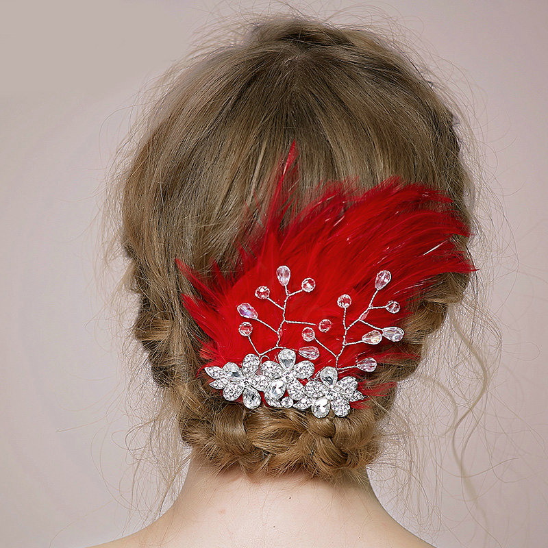 Retro Bridal Wedding Red Feather Rhinestone Crystal Bead Bride Headband Hair Clip Accessories
