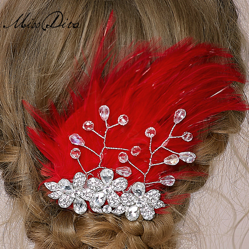 Retro Bridal Wedding Red Feather Rhinestone Crystal Bead Bride Headband Hair Clip Accessories