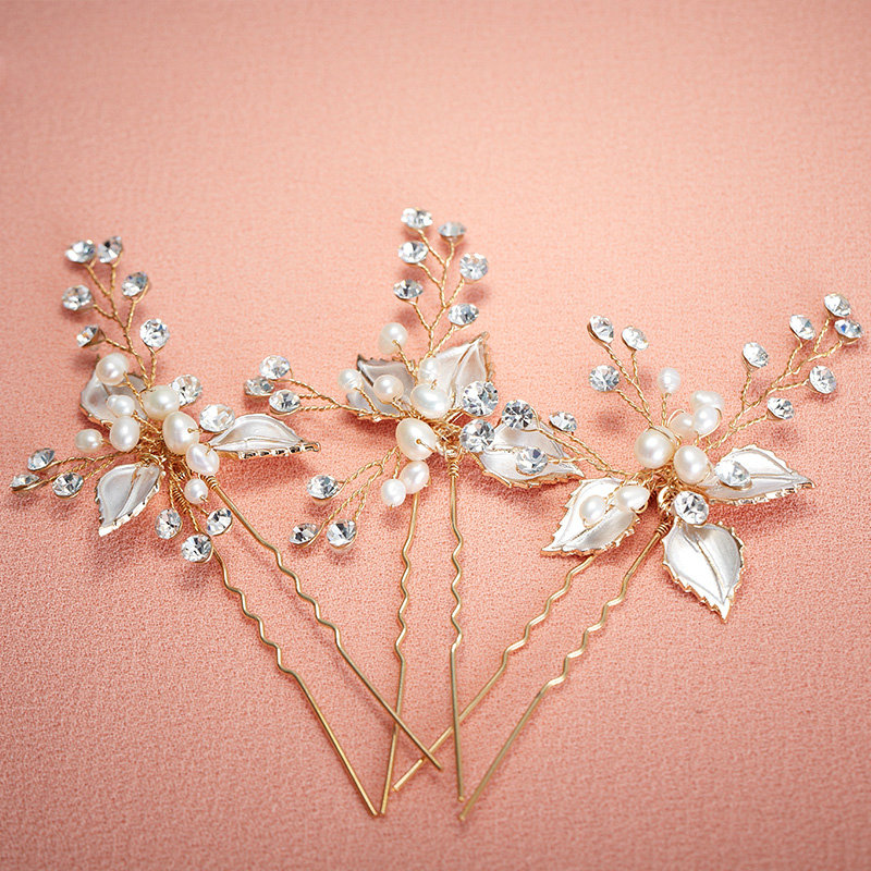 Retro Bridal Wedding Rhinestone Alloy Pearl Clover leaf Crystal Bride Hairpin Hair Accessories