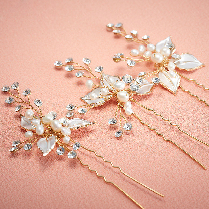 Retro Bridal Wedding Rhinestone Alloy Pearl Clover leaf Crystal Bride Hairpin Hair Accessories