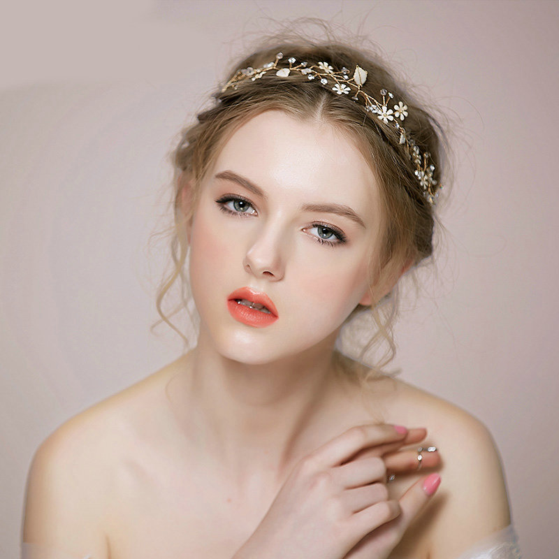 Retro Bridal Wedding Rhinestone Alloy Pearl Flower leaf Crystal Bride Hair Headband Gold Plated