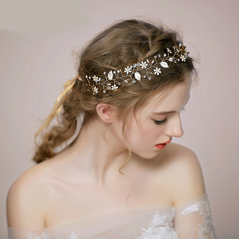 Retro Bridal Wedding Rhinestone Alloy Pearl Flower leaf Crystal Bride Hair Headband Gold Plated