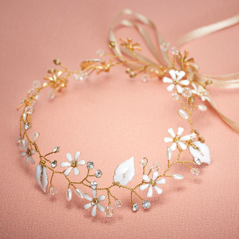 Retro Bridal Wedding Rhinestone Alloy Pearl Flower leaf Crystal Bride Hair Headband Gold Plated