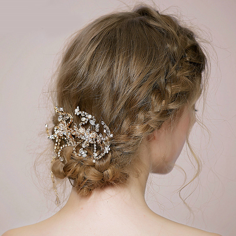 Retro Bridal Wedding Rhinestone Bead Alloy Floral Crystal Pearl Bride Tassel Headband Hair Accessories