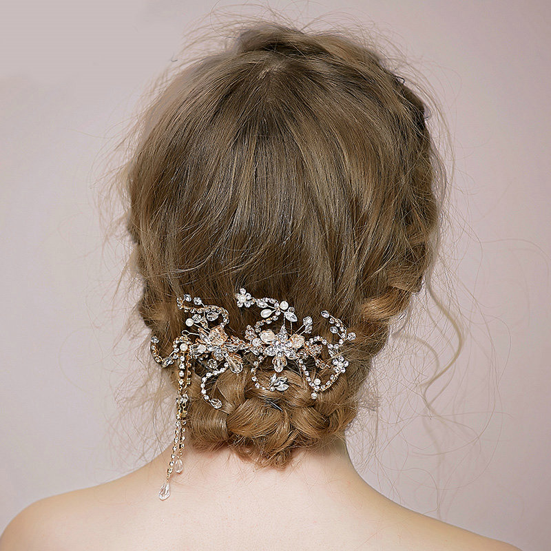 Retro Bridal Wedding Rhinestone Bead Alloy Floral Crystal Pearl Bride Tassel Headband Hair Accessories