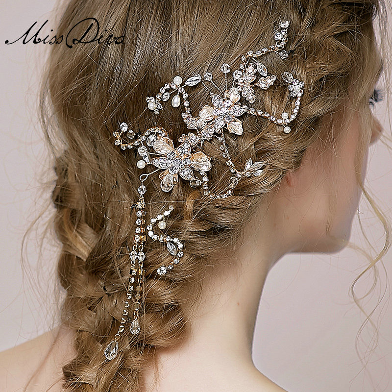 Retro Bridal Wedding Rhinestone Bead Alloy Floral Crystal Pearl Bride Tassel Headband Hair Accessories