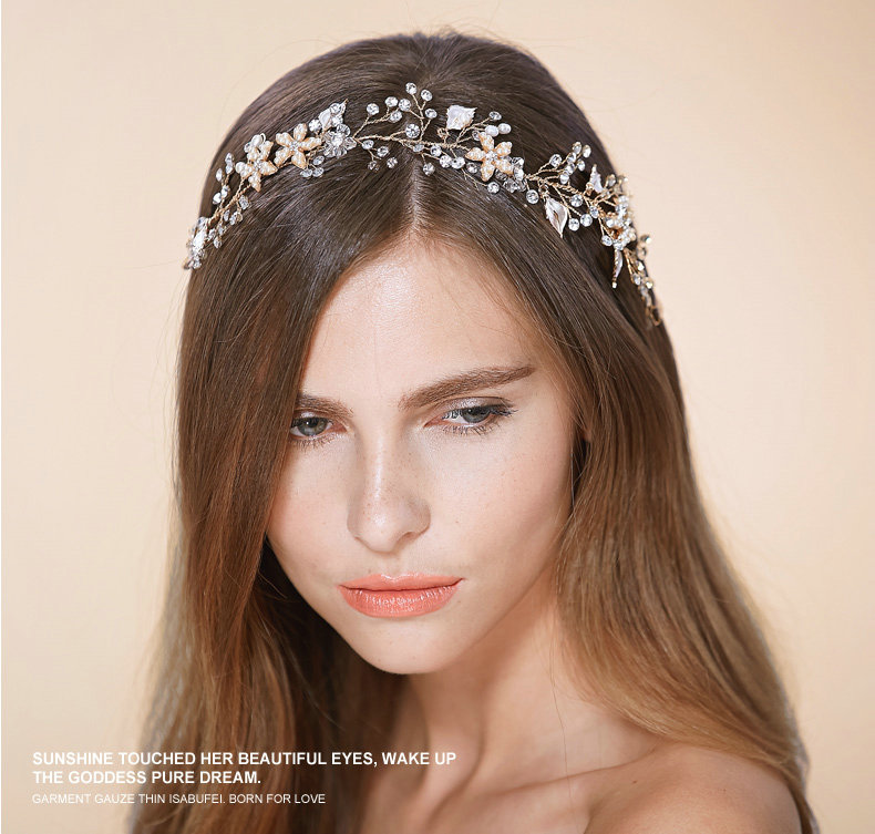Retro Bridal Wedding Rhinestone Gold Alloy Pearl Flower leaf Crystal Bride Headband Hair Hoop Accessories