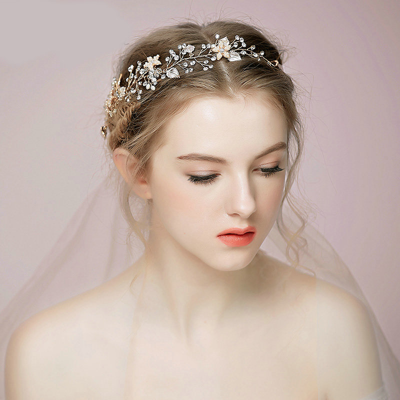 Retro Bridal Wedding Rhinestone Gold Alloy Pearl Flower leaf Crystal Bride Headband Hair Hoop Accessories