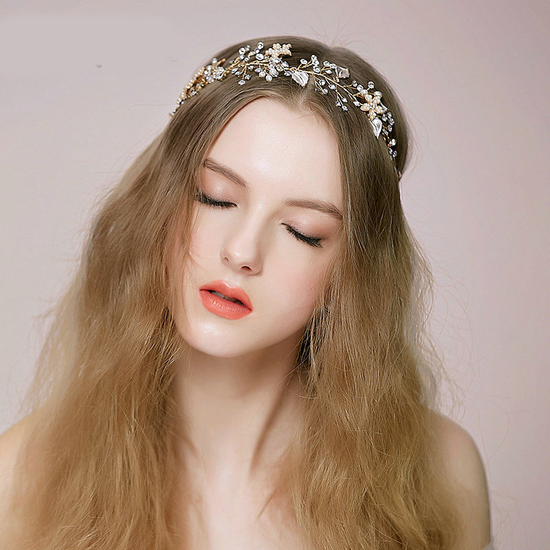 Retro Bridal Wedding Rhinestone Gold Alloy Pearl Flower leaf Crystal Bride Headband Hair Hoop Accessories
