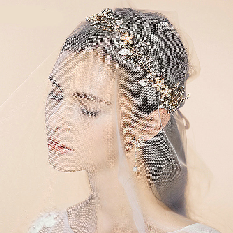 Retro Bridal Wedding Rhinestone Gold Alloy Pearl Flower leaf Crystal Bride Headband Hair Hoop Accessories