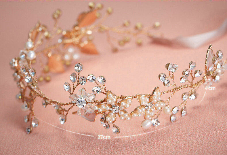 Retro Bridal Wedding Rhinestone Gold Alloy Pearl Flower leaf Crystal Bride Headband Hair Hoop Accessories