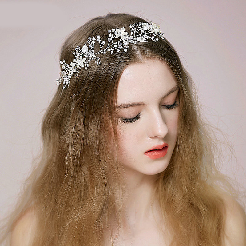 Retro Bridal Wedding Rhinestone Silver Alloy Pearl Flower leaf Crystal Bride Headband Hair Hoop Accessories