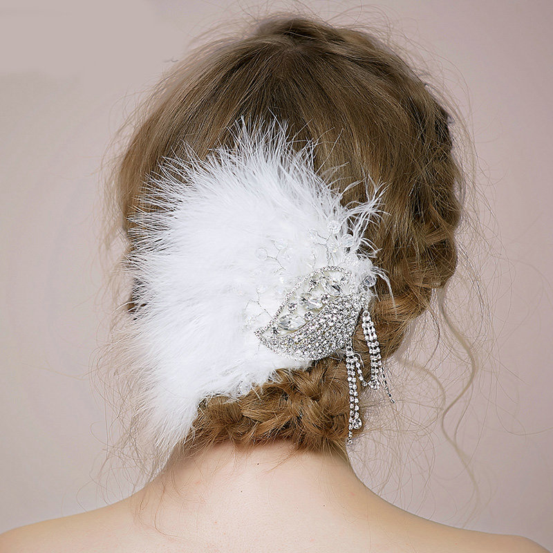 Retro Bridal Wedding White Feather Rhinestone Crystal Tassel Bride Headband Hair Clip Accessories