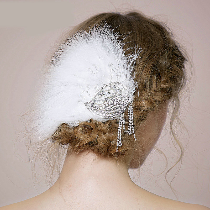 Retro Bridal Wedding White Feather Rhinestone Crystal Tassel Bride Headband Hair Clip Accessories