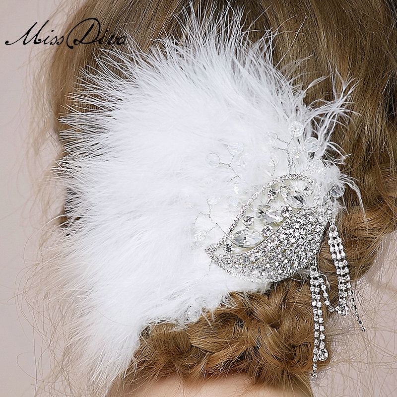 Retro Bridal Wedding White Feather Rhinestone Crystal Tassel Bride Headband Hair Clip Accessories