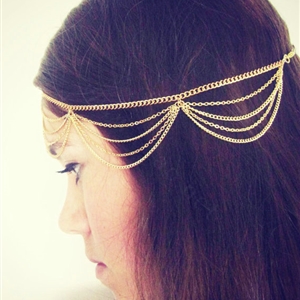 Retro Classic Woman Gold Plated Alloy Multilayer Waves Tassel Chain Headband Hair Band Accessories