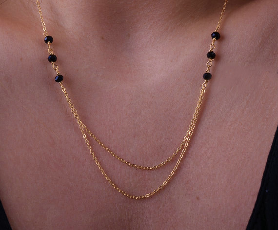 Retro Fashion Women Double layer Gold-plated Metal Black Crystal Tassel Necklace Clavicle Chain
