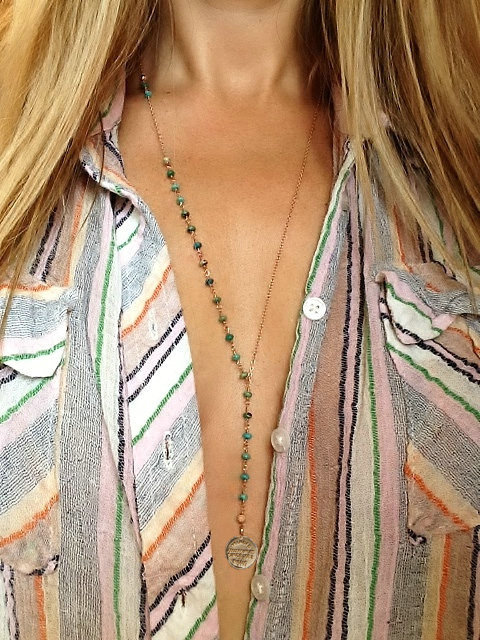Retro Fashion Women Long Handmade Beaded Turquoise Gold-plated Metal Sequins Necklace Clavicle Chain