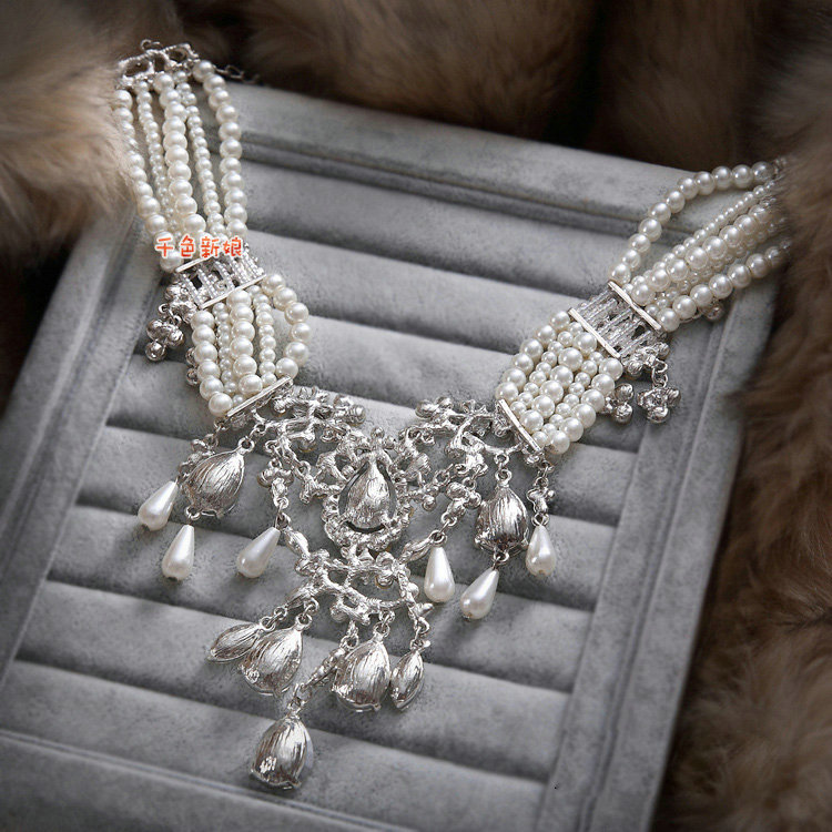 Retro Multilayer Pearl Rhinestone Crystal Necklace Dangle Earrings Set Bridal Wedding Jewelry
