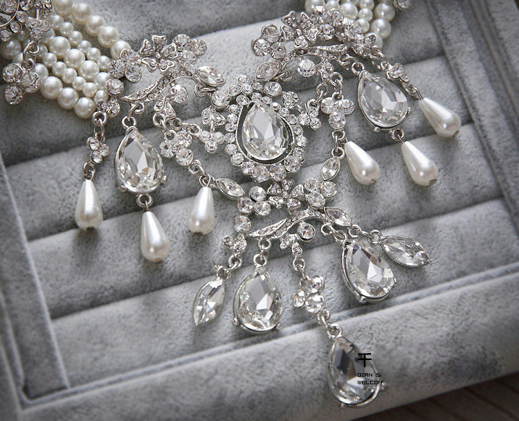 Retro Multilayer Pearl Rhinestone Crystal Necklace Dangle Earrings Set Bridal Wedding Jewelry