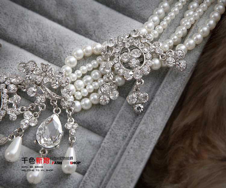 Retro Multilayer Pearl Rhinestone Crystal Necklace Dangle Earrings Set Bridal Wedding Jewelry