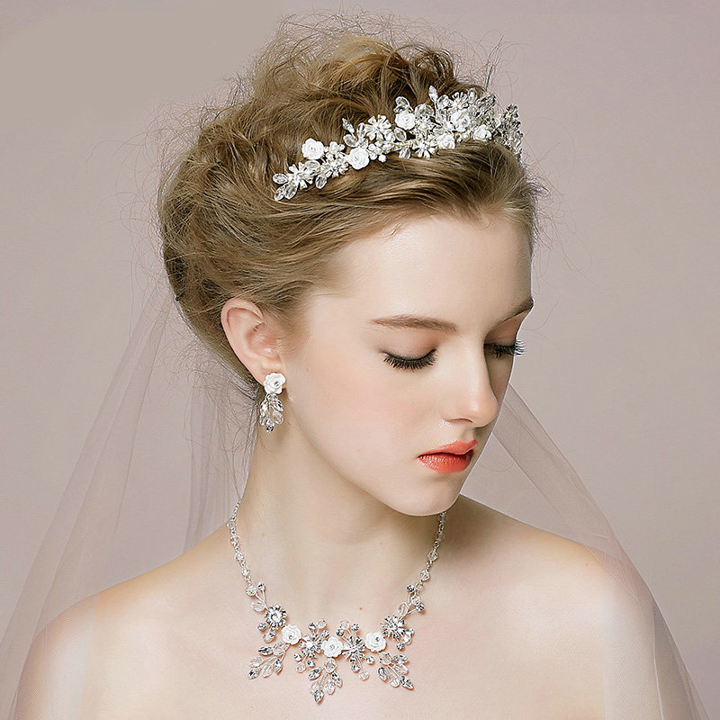 Retro Wedding Bridal Jewelry Alloy Flower Rhinestone Crystal Beads Tiaras Necklace Earrings Set