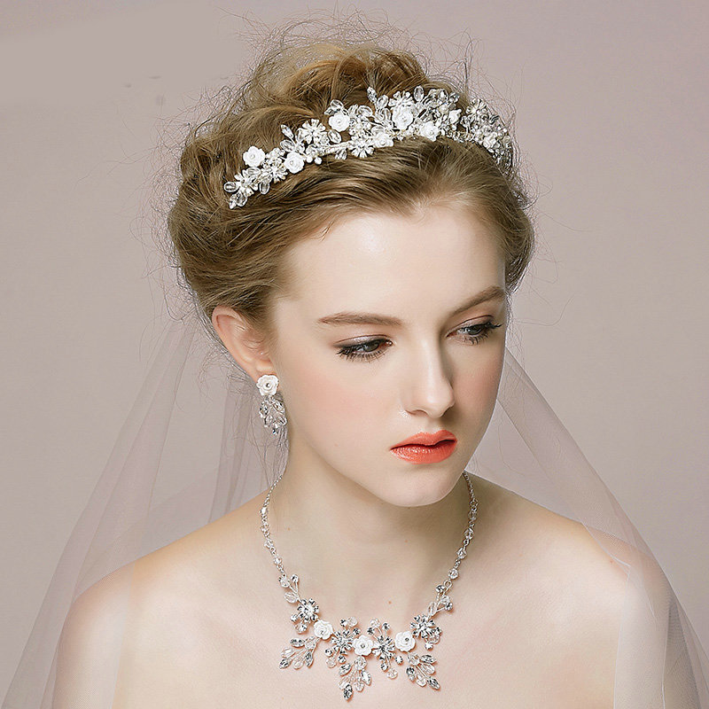 Retro Wedding Bridal Jewelry Alloy Flower Rhinestone Crystal Beads Tiaras Necklace Earrings Set