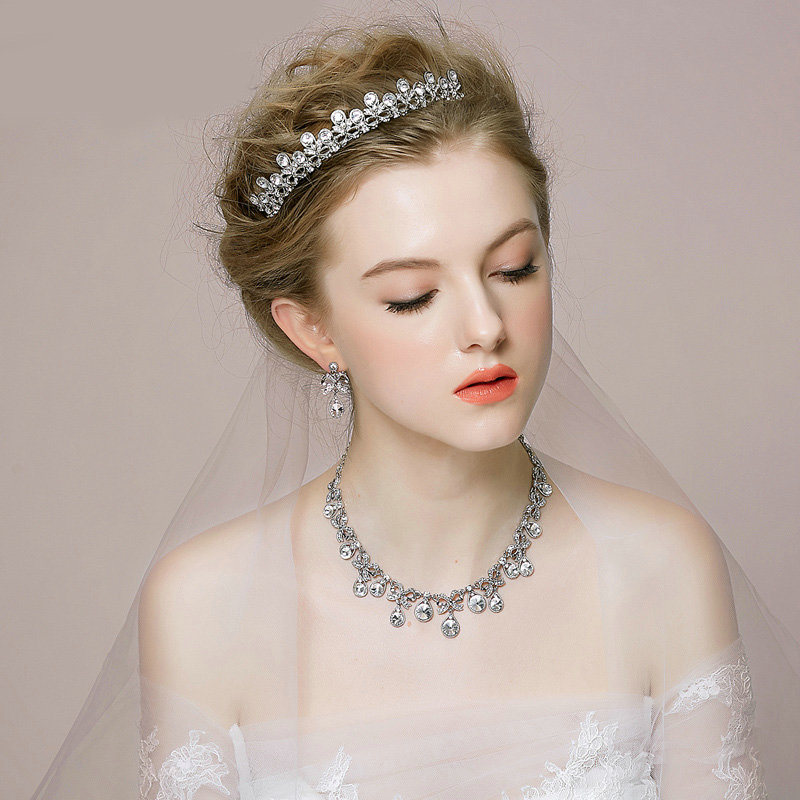Retro Wedding Bridal Jewelry Alloy Small Dots Rhinestone Crystal Tiaras Necklace Earrings Set