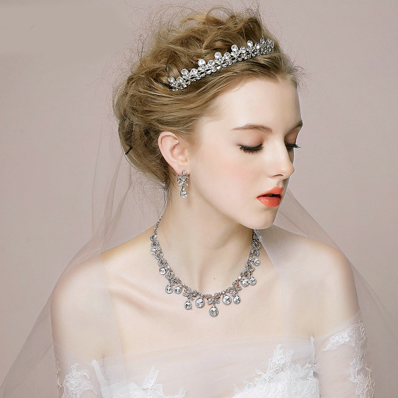 Retro Wedding Bridal Jewelry Alloy Small Dots Rhinestone Crystal Tiaras Necklace Earrings Set