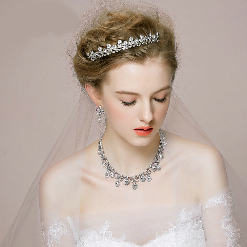 Retro Wedding Bridal Jewelry Alloy Small Dots Rhinestone Crystal Tiaras Necklace Earrings Set