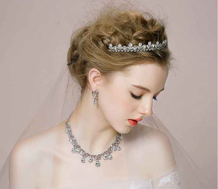 Retro Wedding Bridal Jewelry Alloy Small Dots Rhinestone Crystal Tiaras Necklace Earrings Set