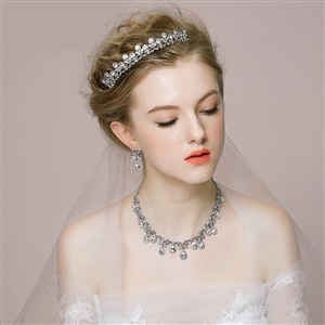 Retro Wedding Bridal Jewelry Alloy Small Dots Rhinestone Crystal Tiaras Necklace Earrings Set