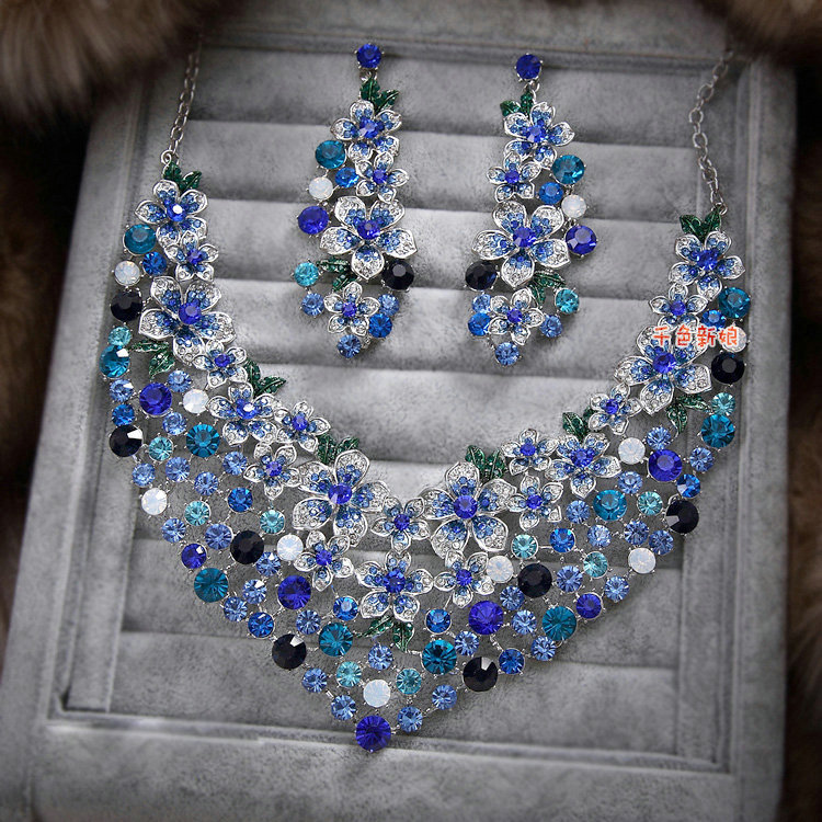 Retro Wedding Jewelry Blue Flower Rhinestone Crystal Necklace Earrings Set Bridal Party Gift