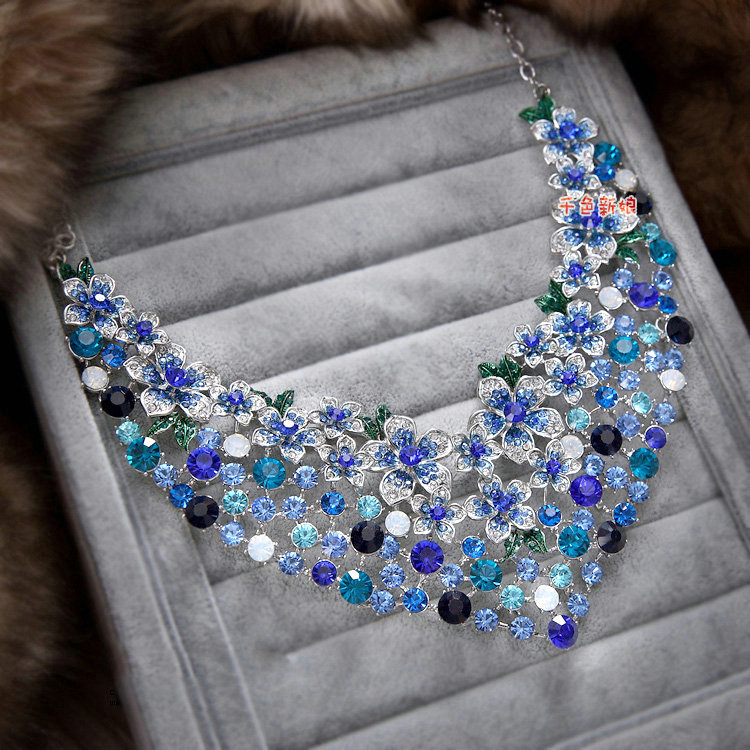 Retro Wedding Jewelry Blue Flower Rhinestone Crystal Necklace Earrings Set Bridal Party Gift