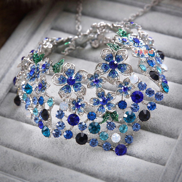 Retro Wedding Jewelry Blue Flower Rhinestone Crystal Necklace Earrings Set Bridal Party Gift