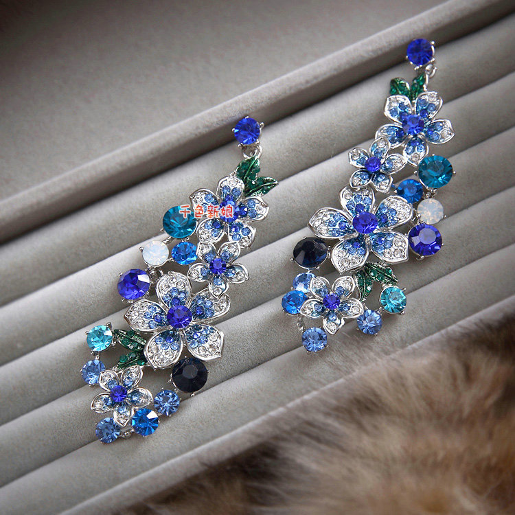 Retro Wedding Jewelry Blue Flower Rhinestone Crystal Necklace Earrings Set Bridal Party Gift