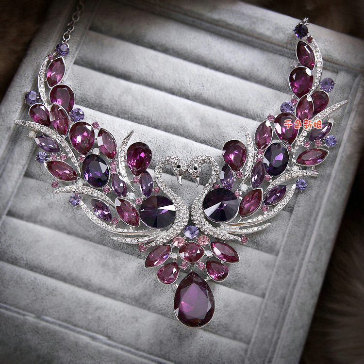 Retro Wedding Jewelry Purple Swan Rhinestone Crystal Necklace Earrings Set Bridal Party Gift