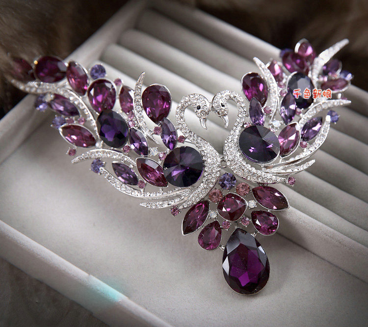 Retro Wedding Jewelry Purple Swan Rhinestone Crystal Necklace Earrings Set Bridal Party Gift